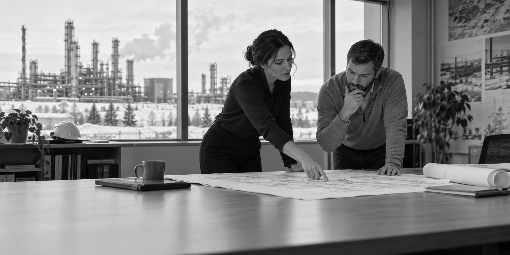 Engineering colleagues reviewing a technical plan beside an industrial facility