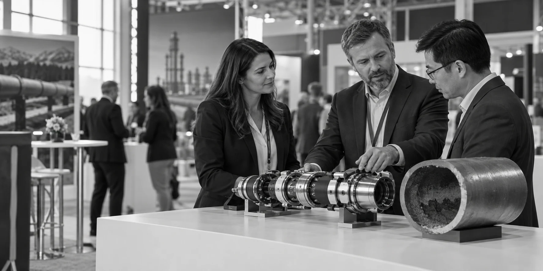 Professionals discussing pipeline inspection equipment at an exhibition