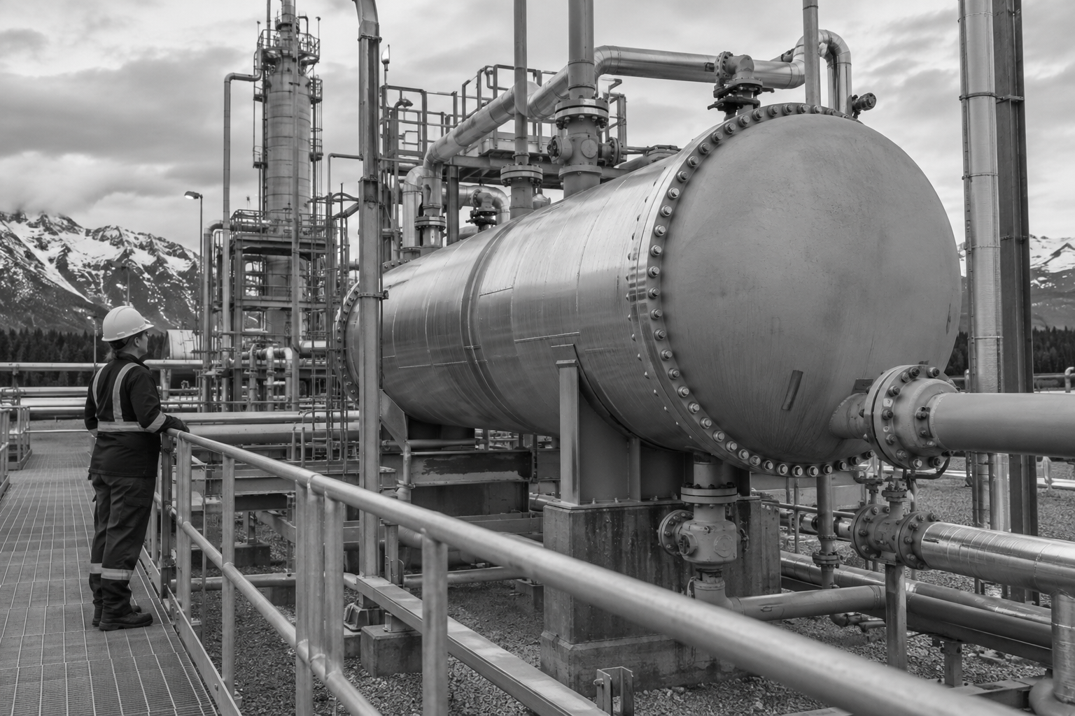 Engineer assessing a pressure vessel and connected pipework