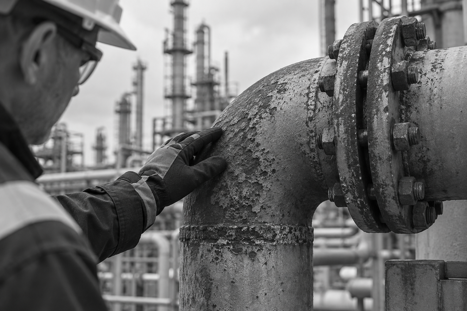 Inspector examining corrosion on a steel pipe flange