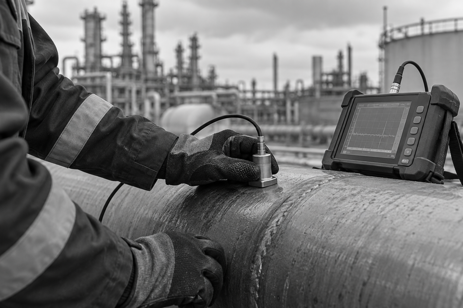 Ultrasonic thickness inspection of an industrial pipeline