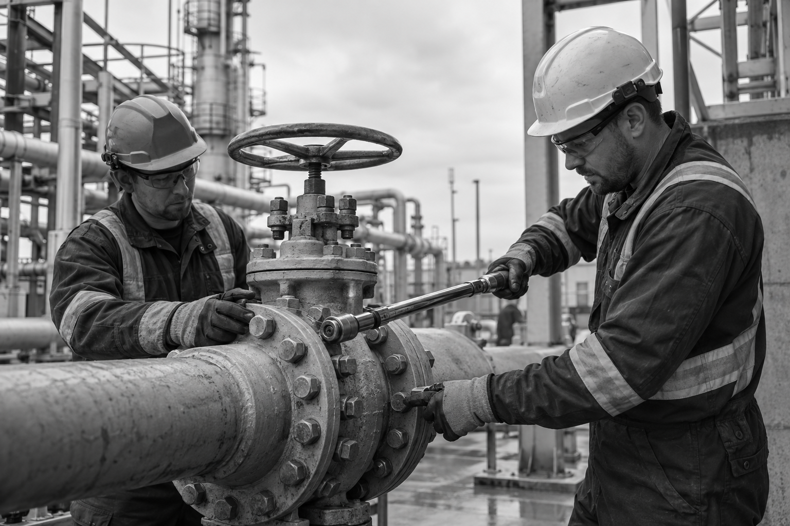 Maintenance technicians repairing a valve assembly