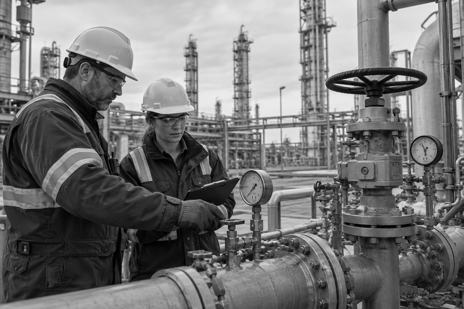 Plant operators checking gauges and valves before startup