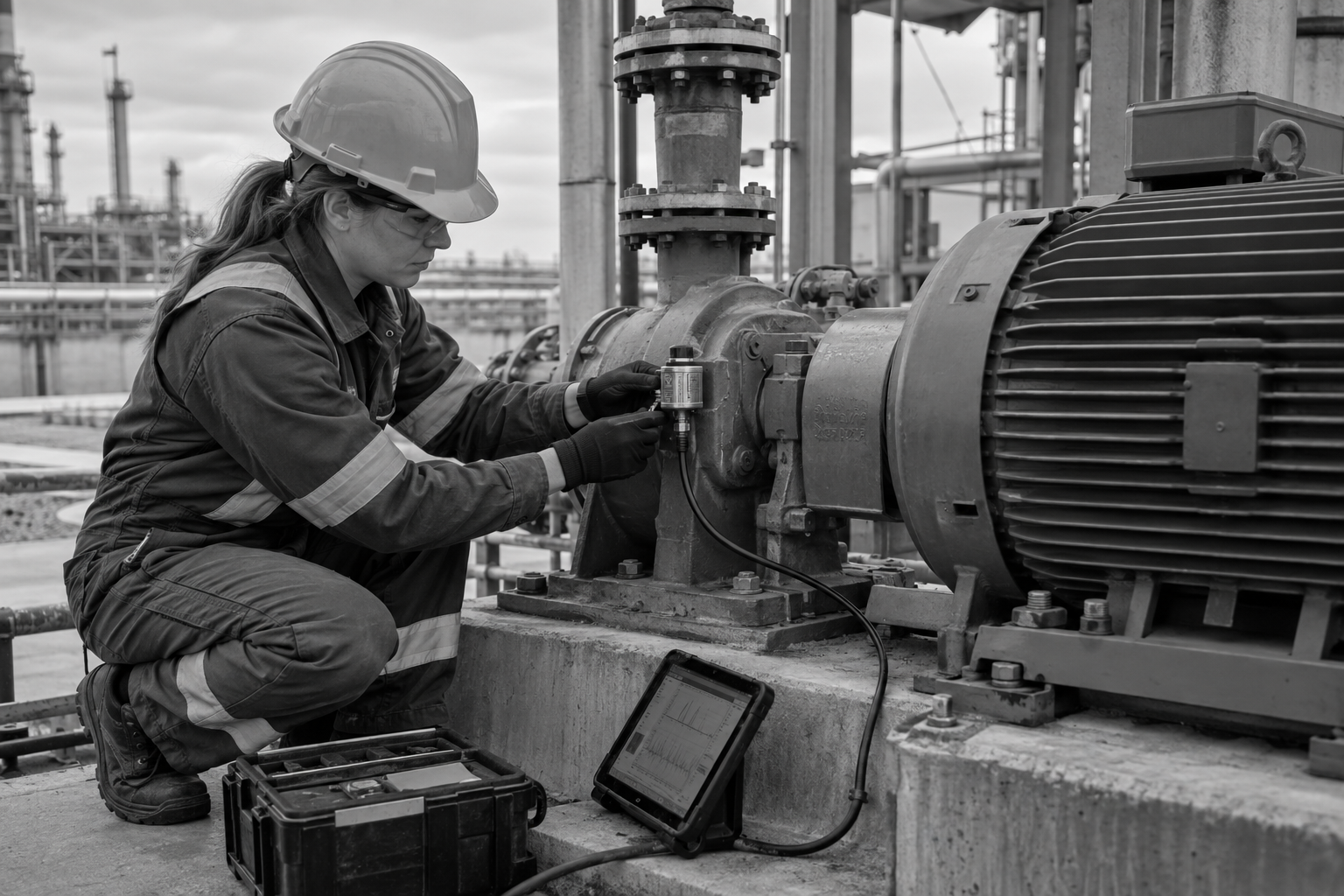 Engineer installing a condition-monitoring sensor on a pump