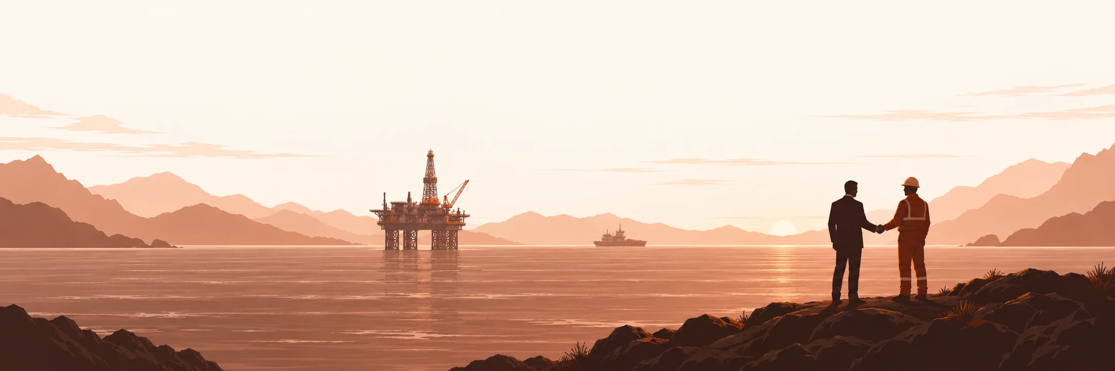 Warm illustrated offshore coast with a suited business leader and a hard-hatted engineer seen from behind, shaking hands as they overlook the sea and a distant production platform