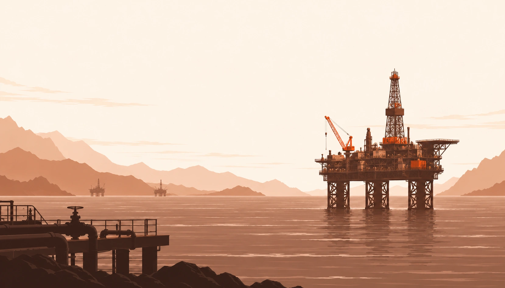 Illustrated offshore landscape with layered coastal hills, an orange-accented production rig and foreground pipework