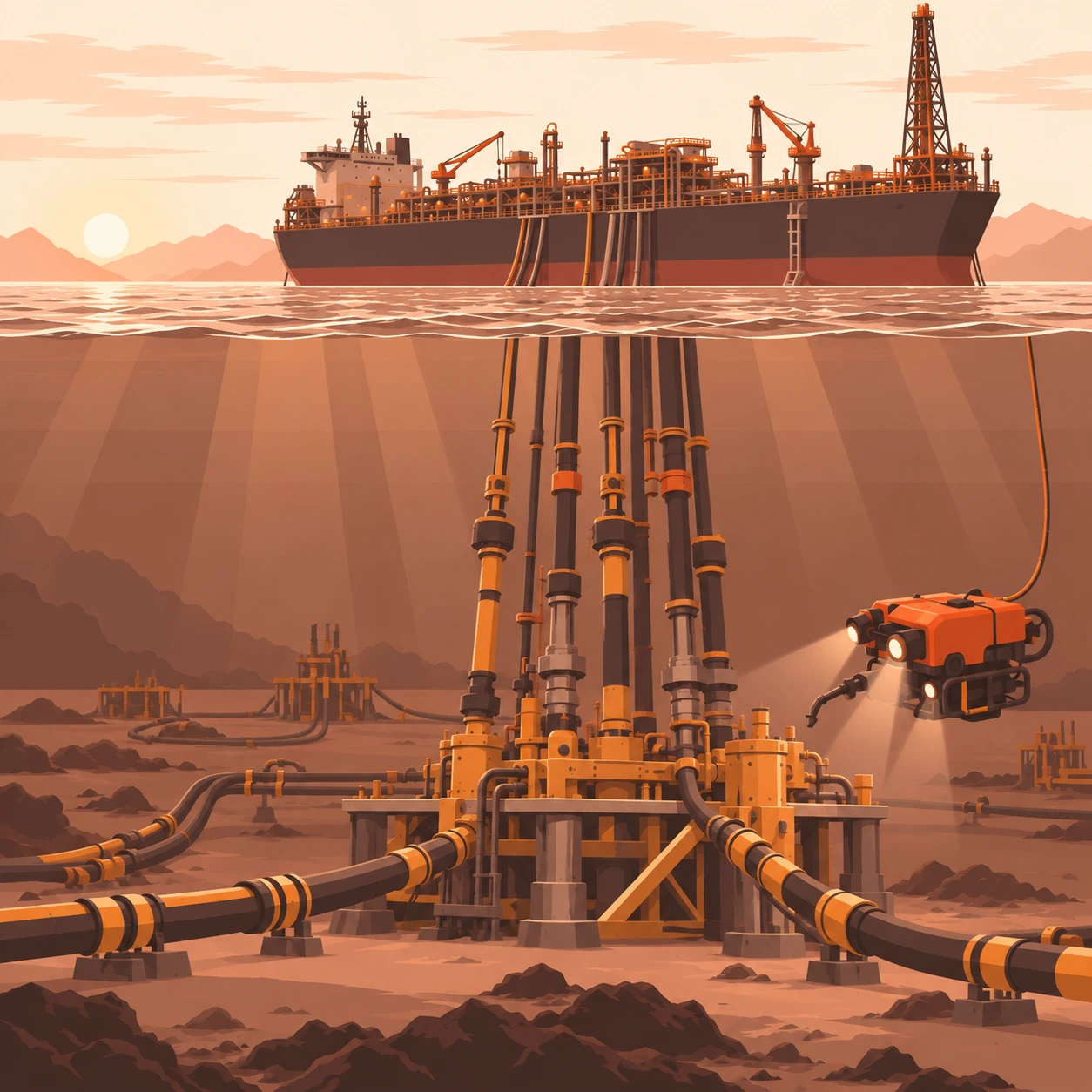 Illustrated FPSO, subsea risers and an inspection remotely operated vehicle