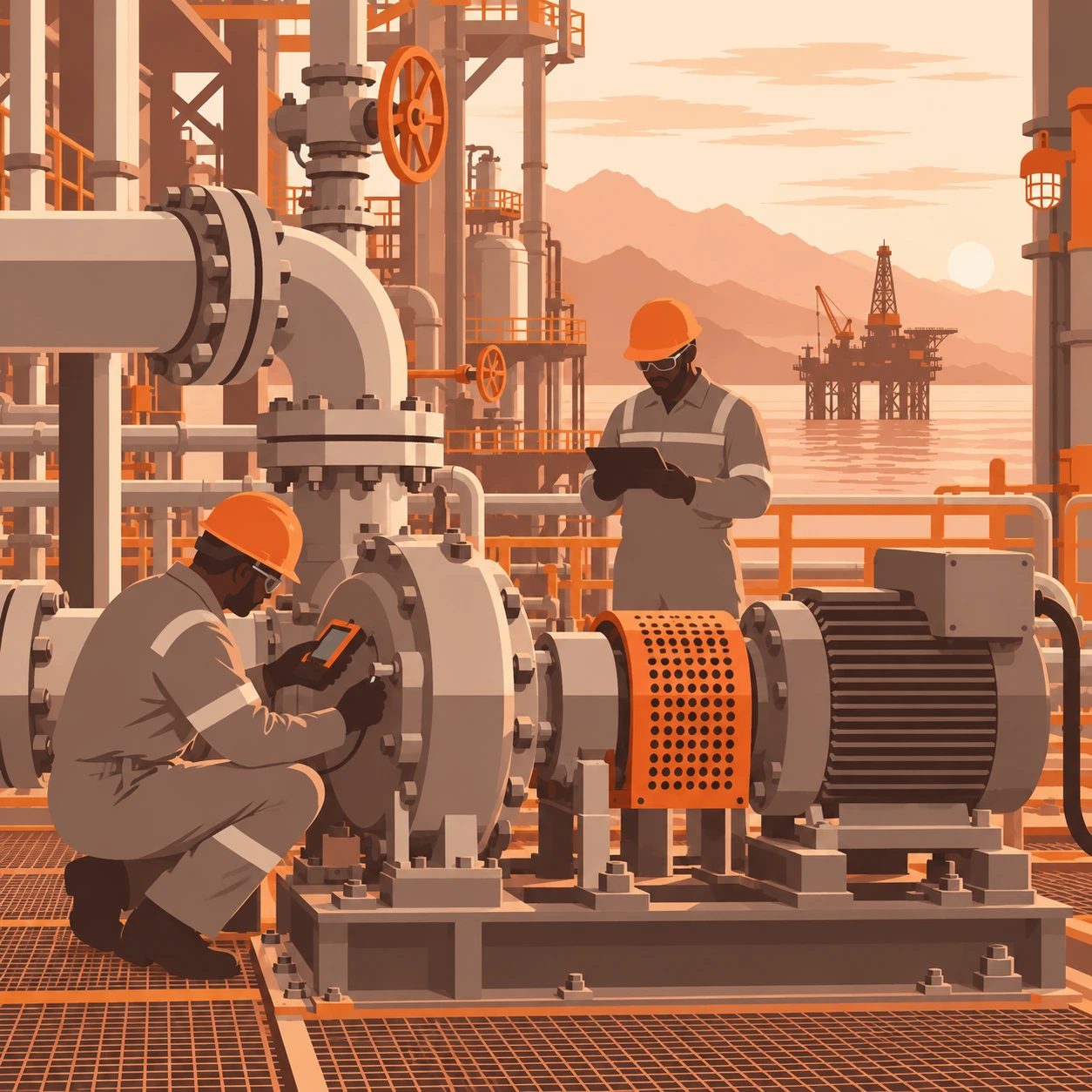 Illustrated engineers inspecting an industrial pump and motor