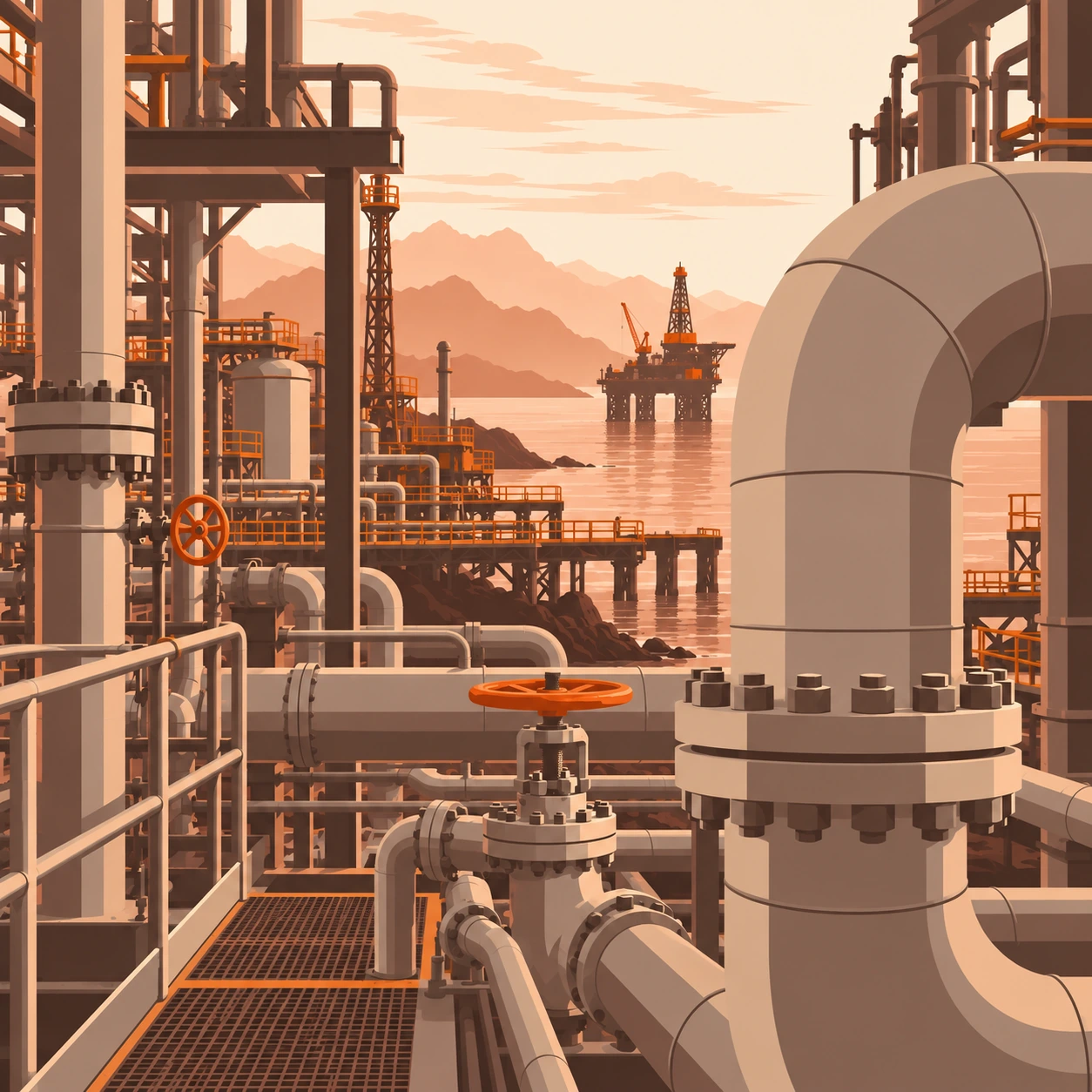 Illustrated production pipework and orange flow-control valves