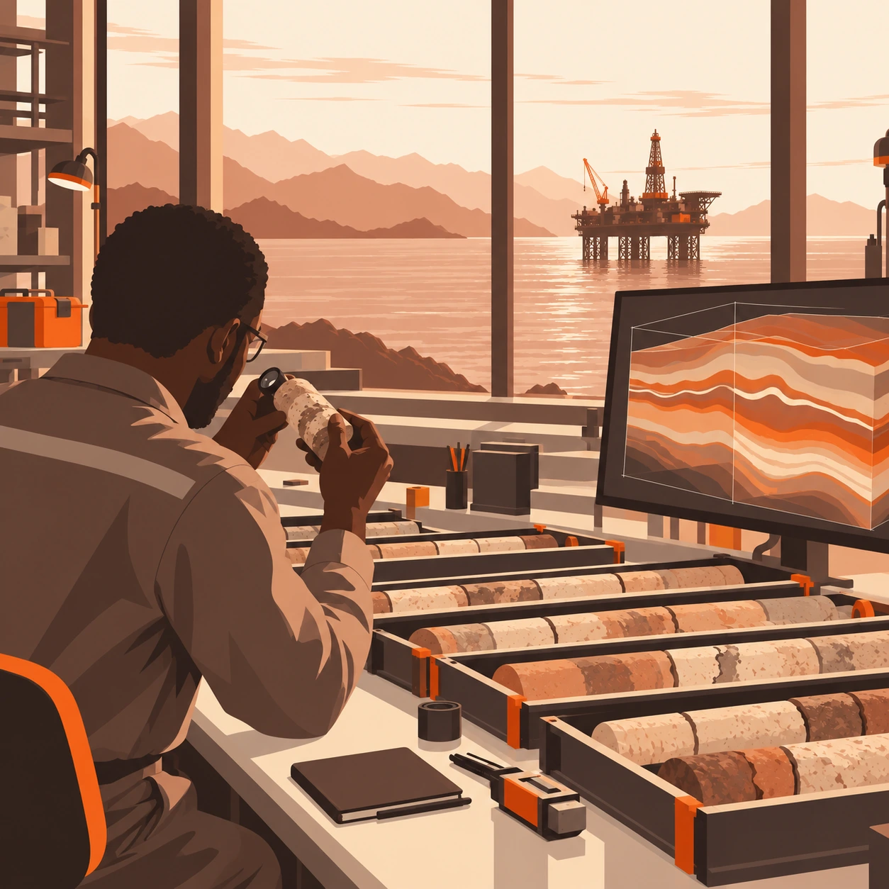 Illustrated geoscientist examining reservoir core samples beside a geological model, overlooking an offshore field
