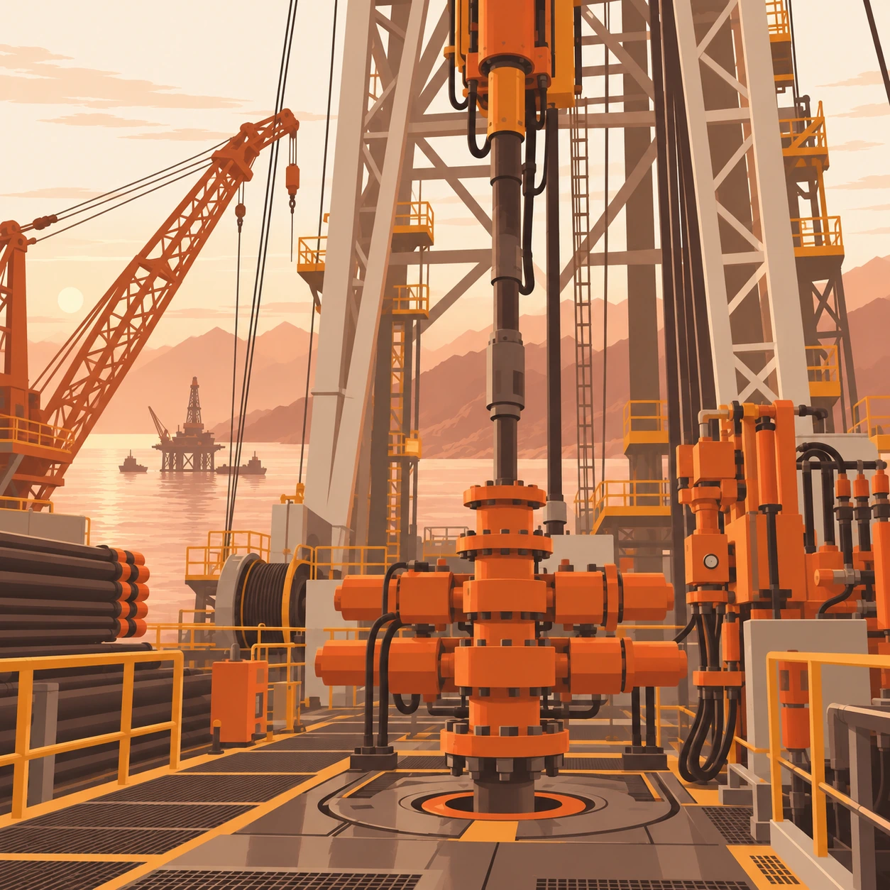 Illustrated drilling floor, derrick and orange well-control equipment