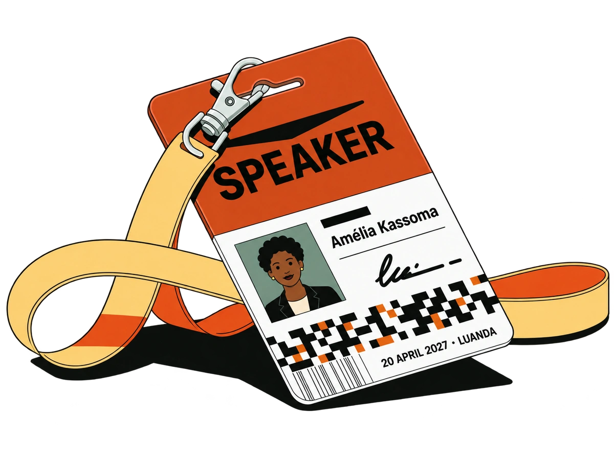 burnt-orange Speaker sample pass for fictional attendee Amélia Kassoma, with a vector avatar, metal clip and looping ribbon