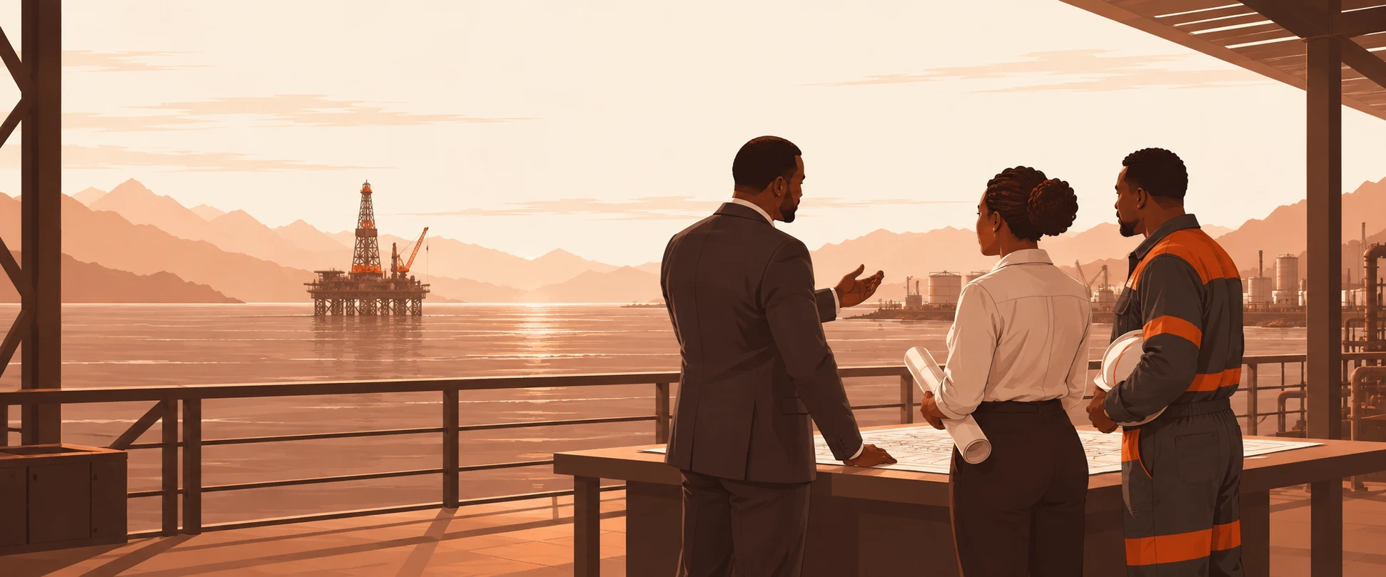 Illustrated business leader and engineers discussing offshore operations on a terrace overlooking a production platform