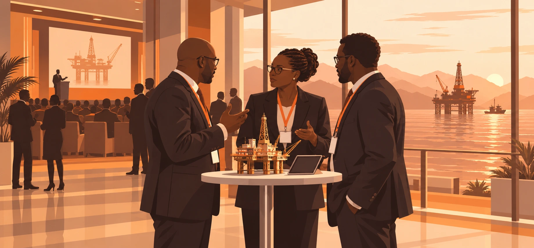 Illustrated conference delegates discussing an offshore platform model, with a technical presentation behind them and an oil rig visible through the venue windows
