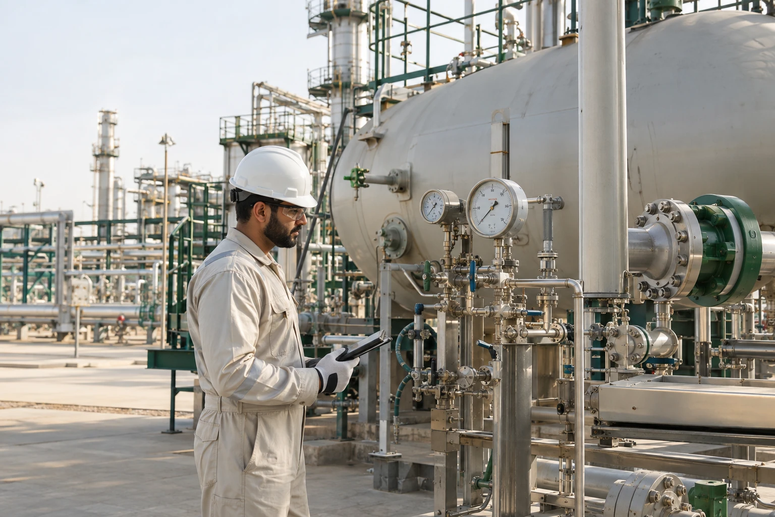 Conceptual field operator inspecting pressure instruments at a gas processing facility