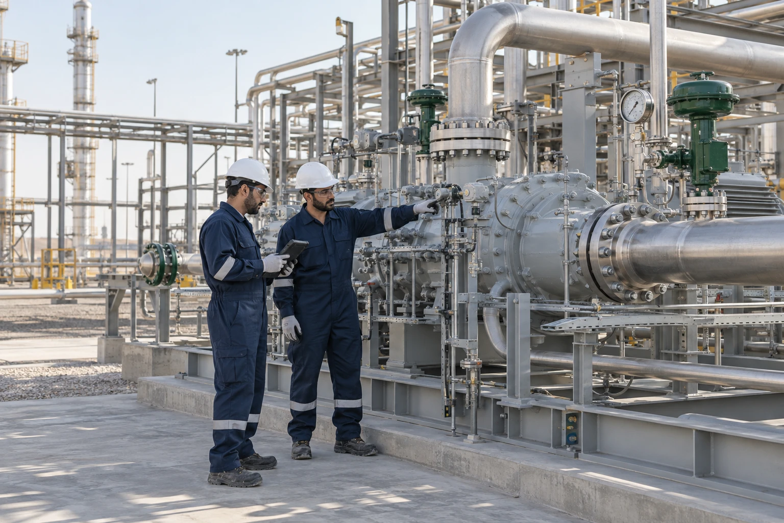 Conceptual commissioning team inspecting a newly installed gas compression skid before start-up