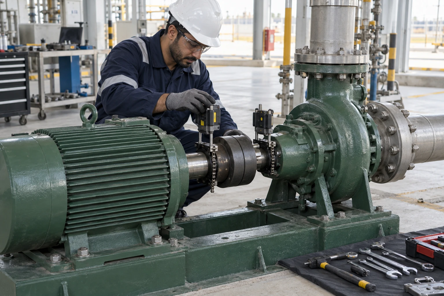 Conceptual maintenance technician checking pump and motor shaft alignment before restart