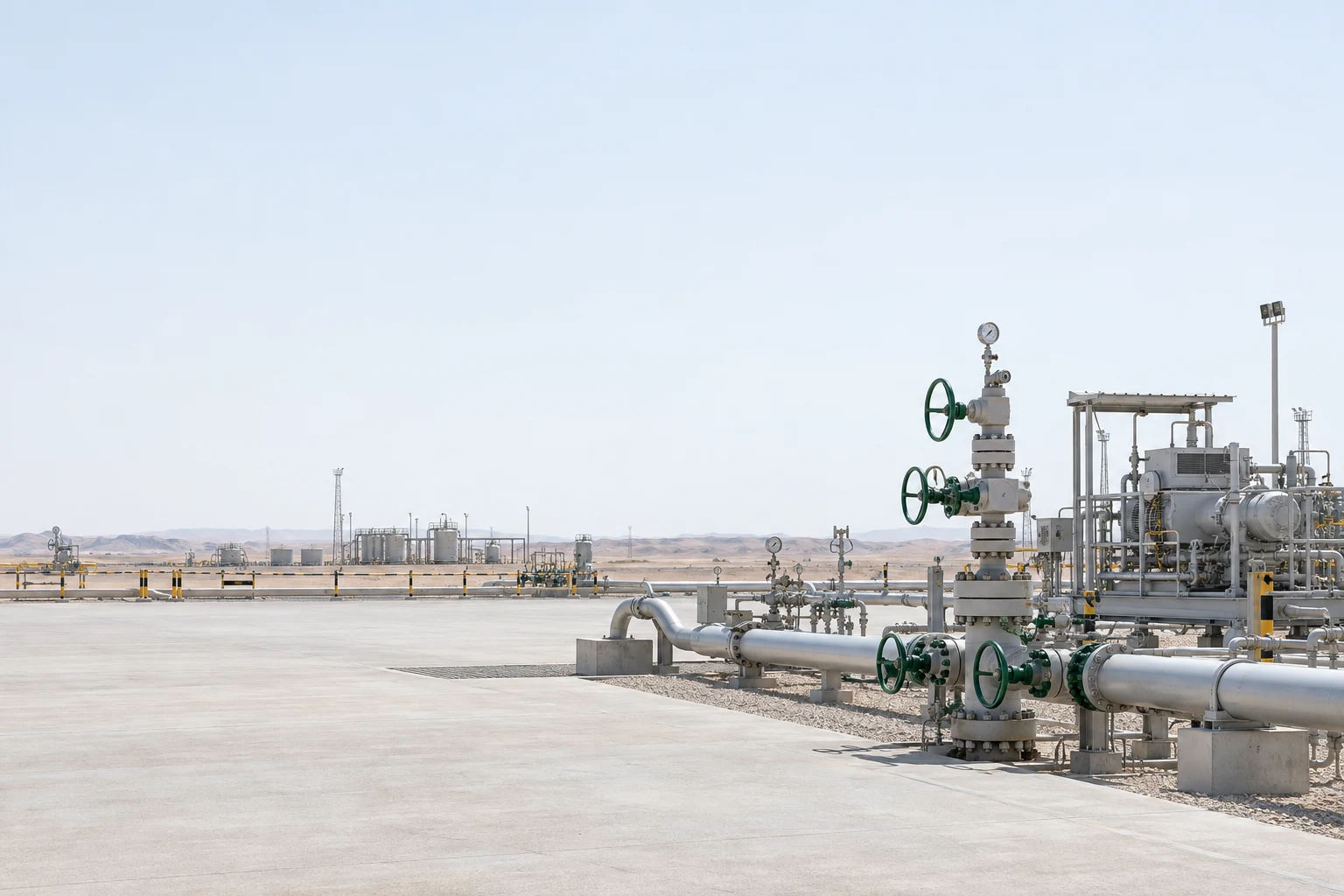 Conceptual production wellhead with pressure gauges, isolation valves and connected flowlines