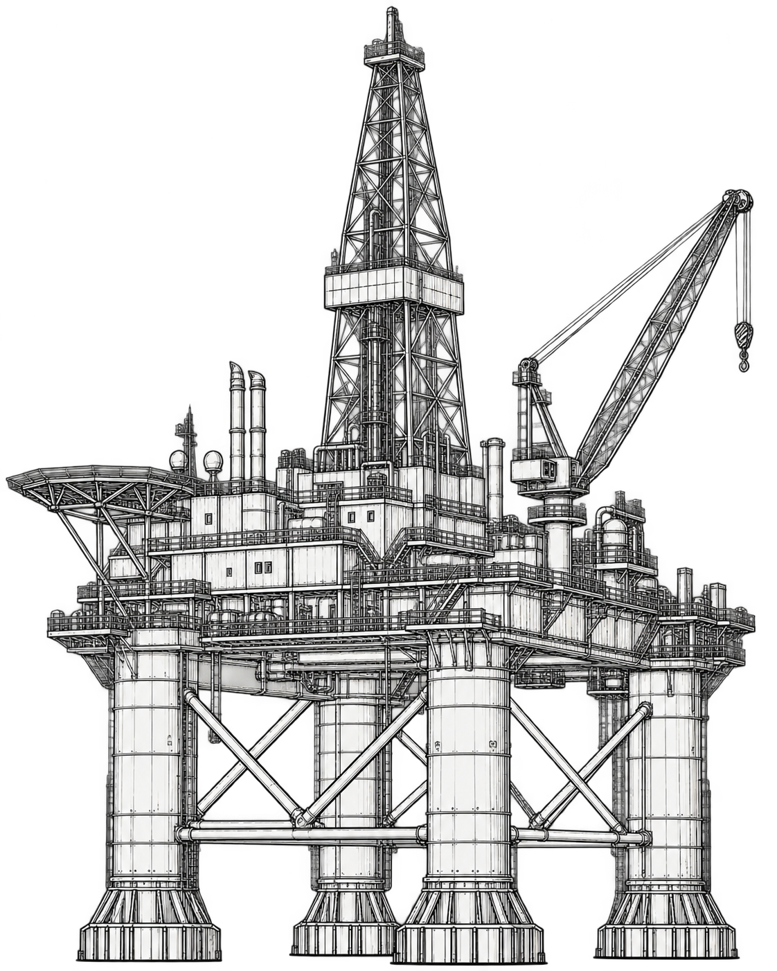 Perspective illustration of an offshore oil rig