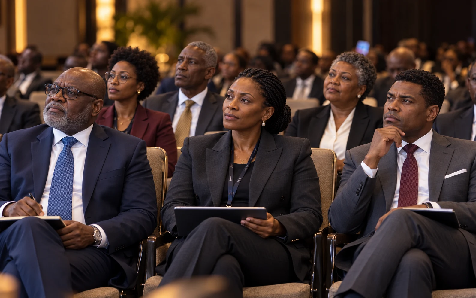 Illustrative conference audience of senior banking executives, with scanning rectangles and CIO, CTO and CISO role labels