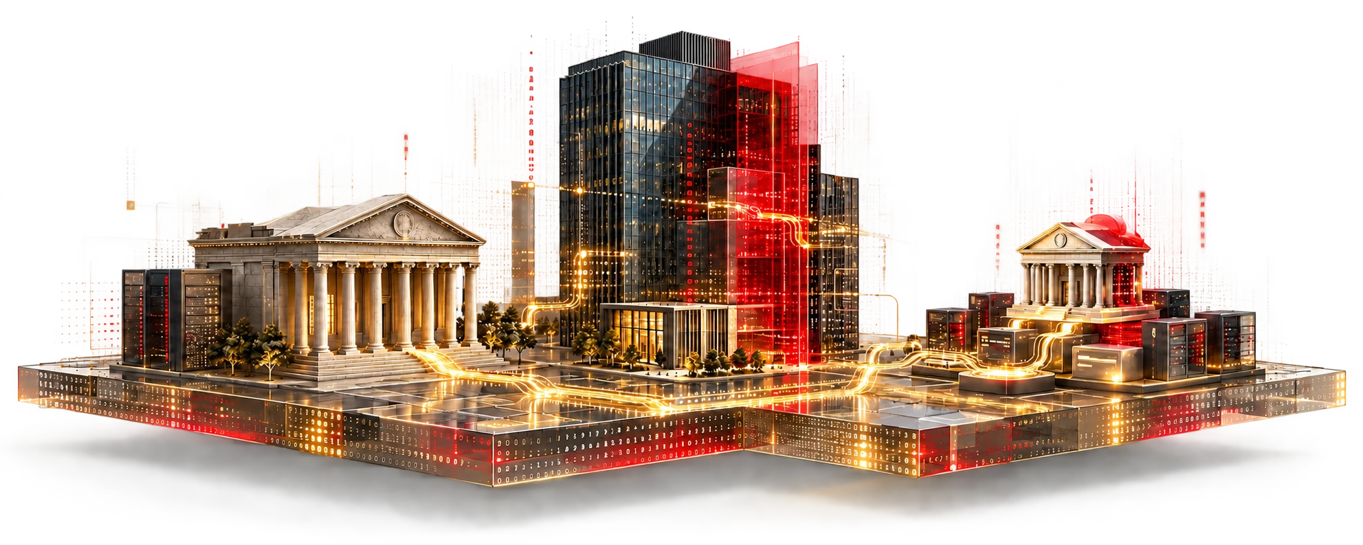Traditional banks, a digital banking headquarters and server infrastructure connected by red and gold data paths, with fine ASCII textures.