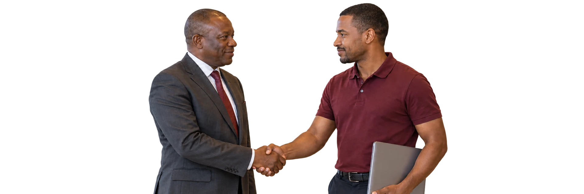 Illustrative conference scene: a Black banking executive in a suit shakes hands with a technology provider in a burgundy polo shirt holding a laptop.