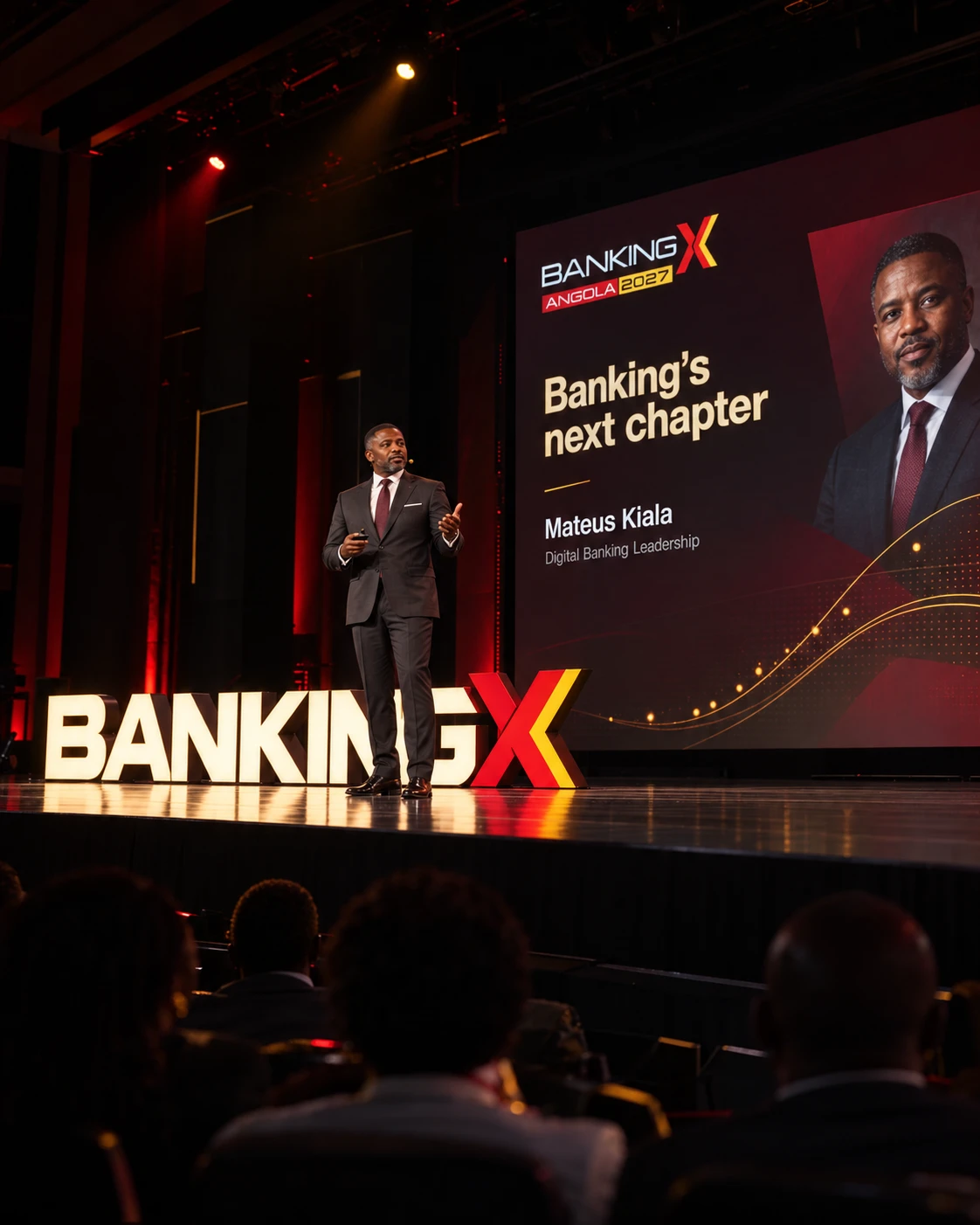 Illustrative BankingX keynote stage with freestanding 3D event lettering and fictional speaker Mateus Kiala presenting on digital banking leadership