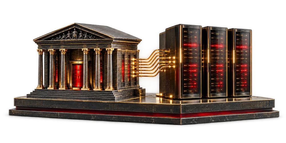 A bank connected to server infrastructure through gold data paths.