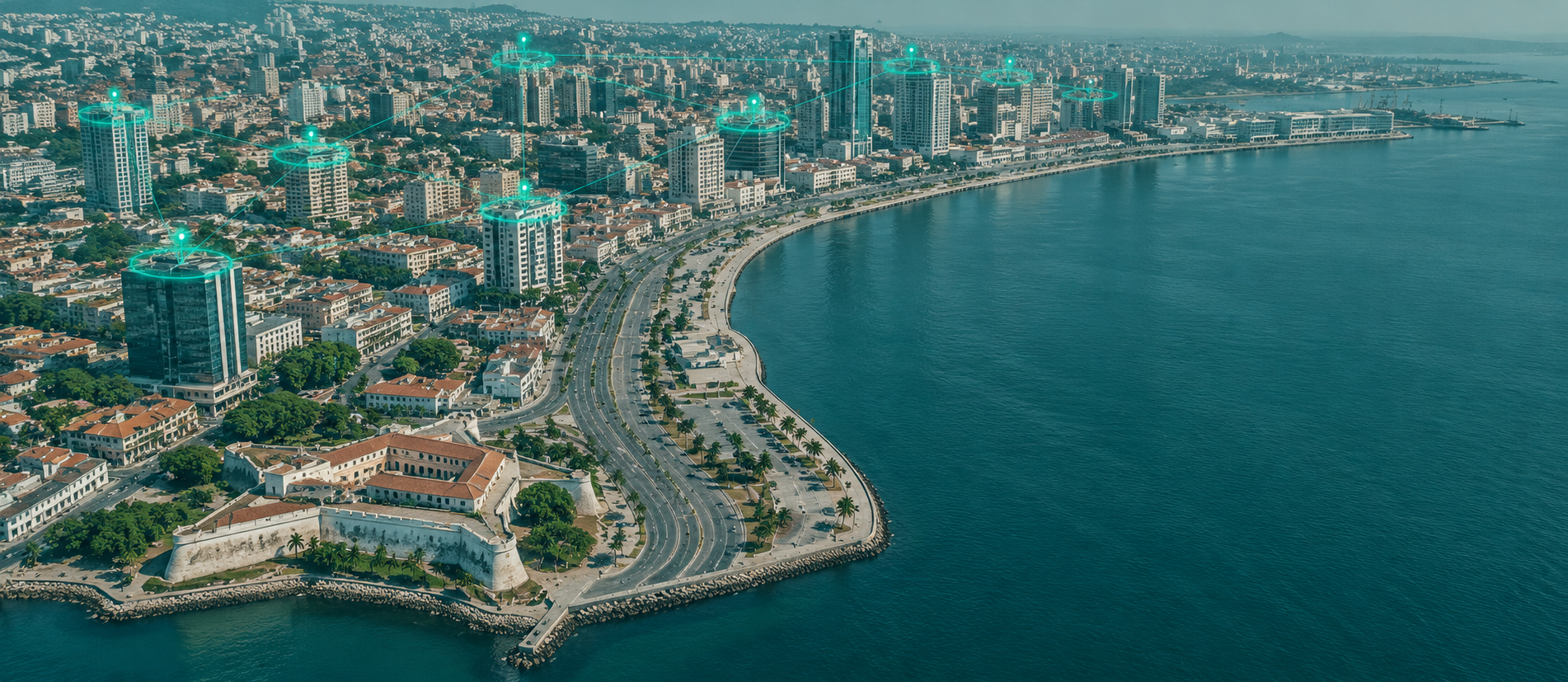Generated illustration of a Luanda-inspired waterfront and skyline, with cyan connections representing digital infrastructure