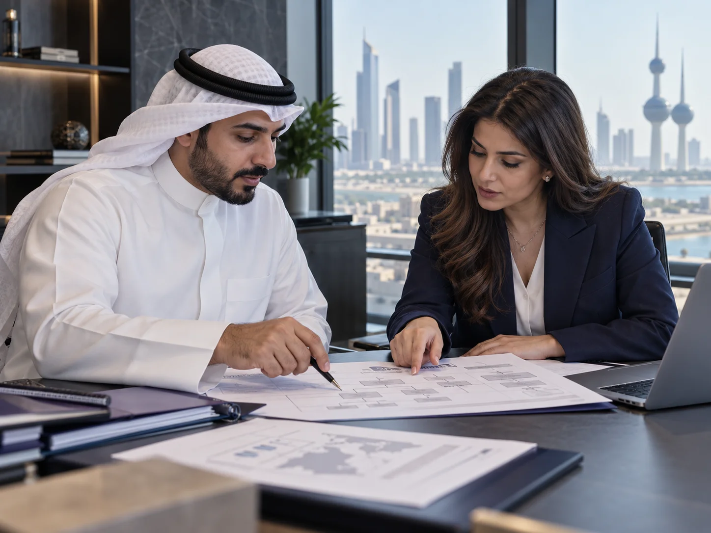 Banking professionals reviewing a company ownership file.