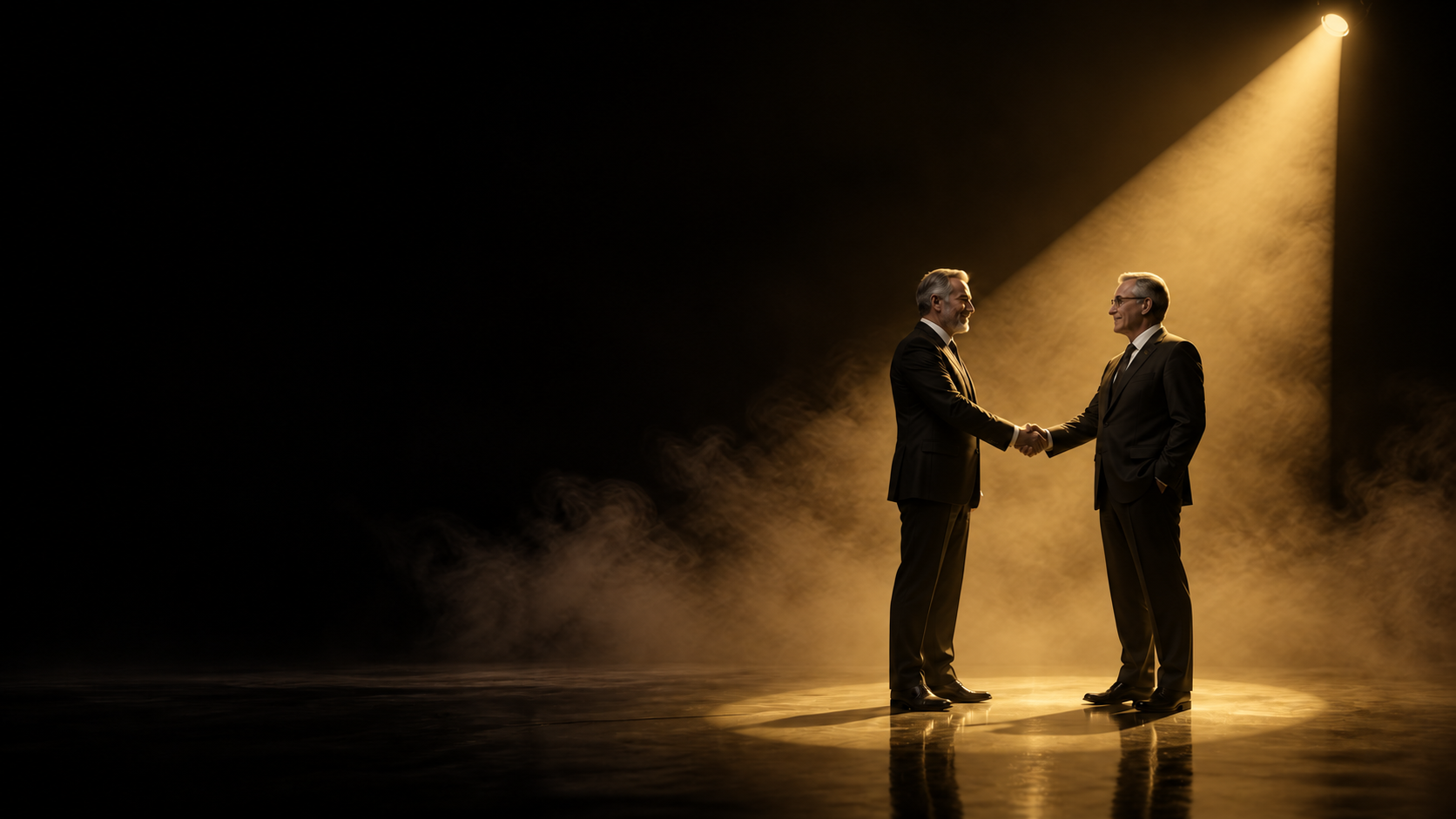 Two suited business professionals shaking hands beneath a warm ochre-gold spotlight